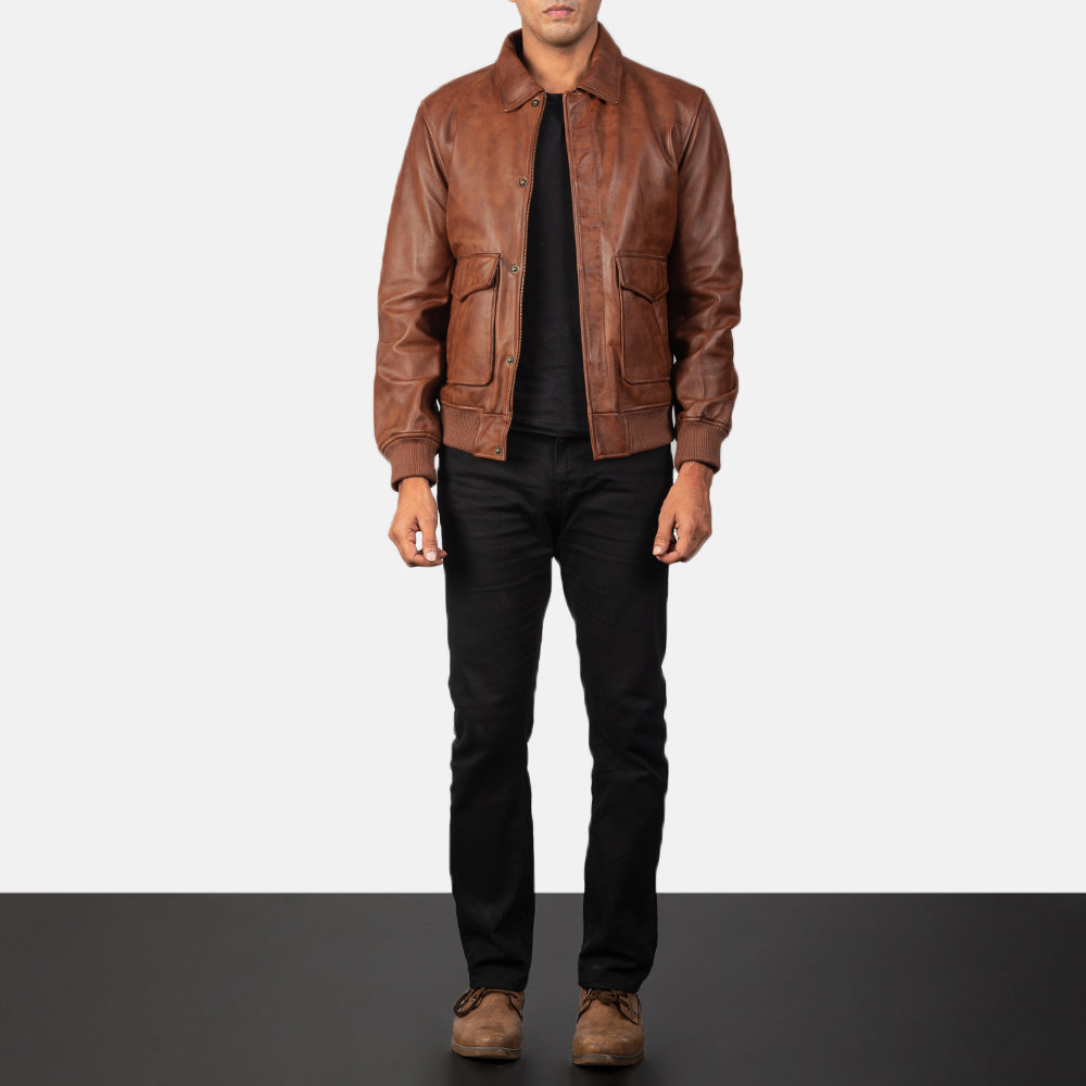 Coffmen Olive Brown A2 Leather Bomber Jacket