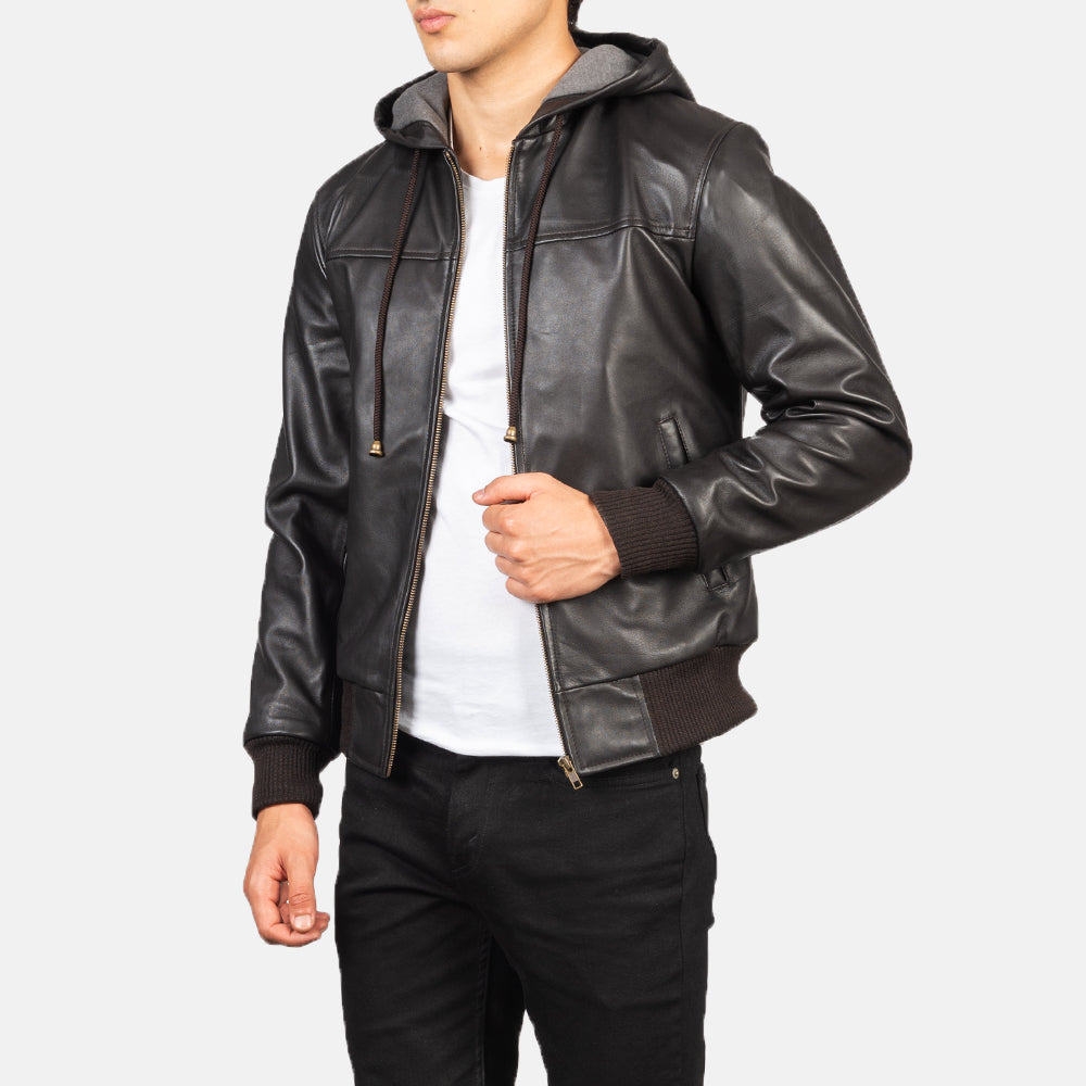 Nintenzo Black Hooded Leather Bomber Jacket